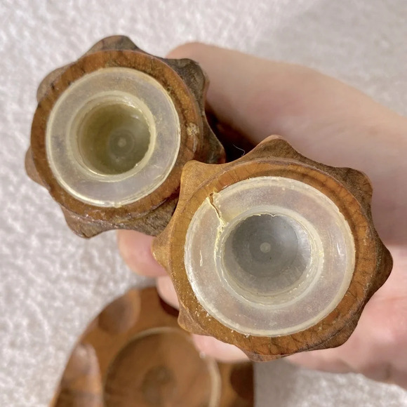 Vintage Hand Carved Wood Salt & Pepper Shakers With Carrier Stand - Picture 10 of 15